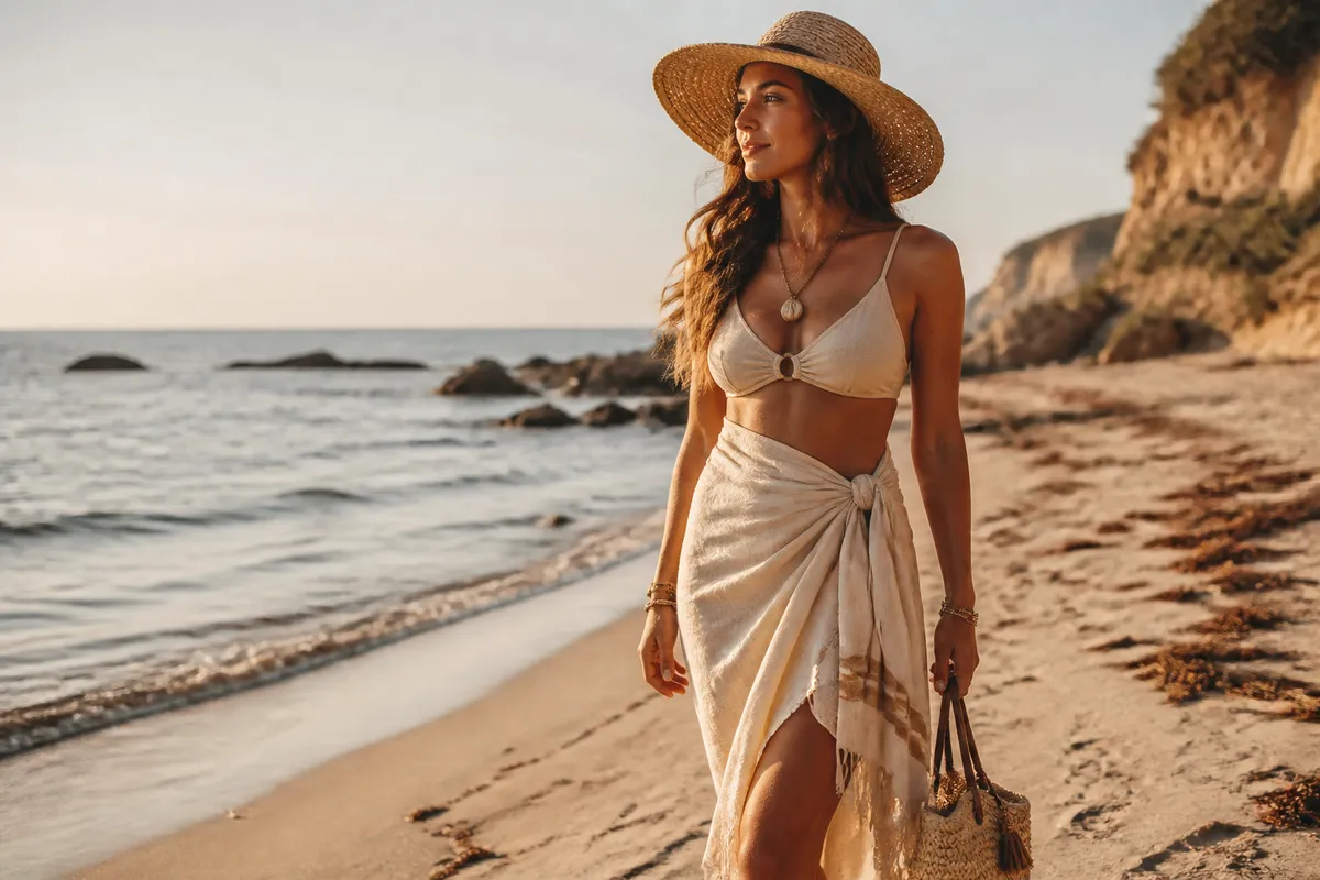 look de plajă sustenabil stilat costum de baie eco