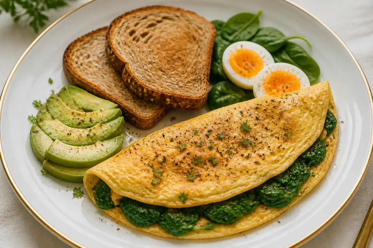 omletă cu spanac gătit pentru mic dejun
