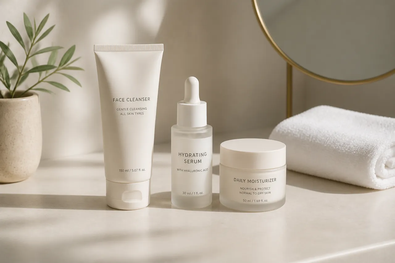 rutină de skincare minimalistă cu trei produse pentru curățare hidratare și protecție
